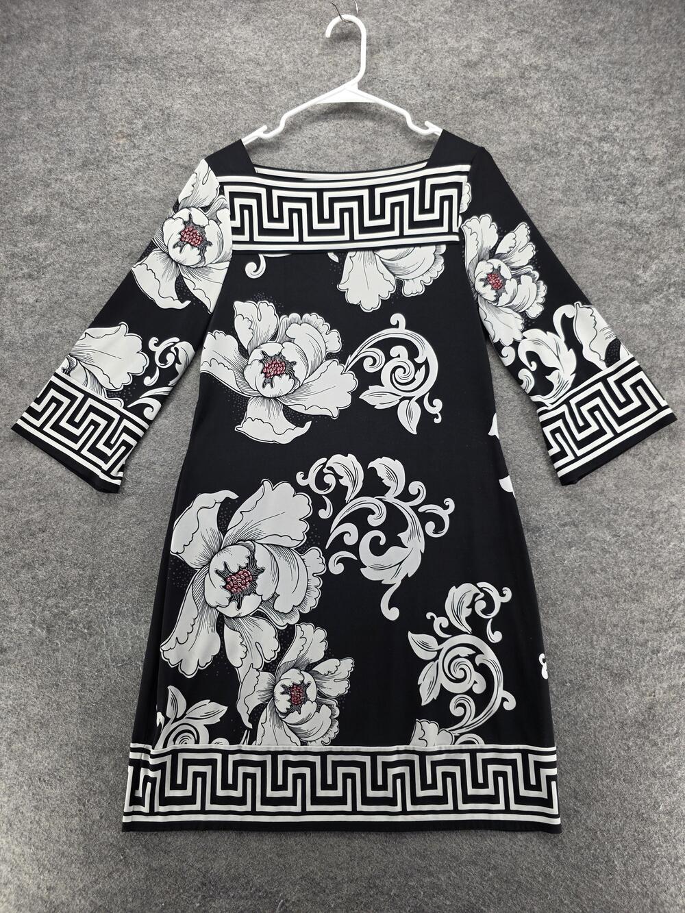 White House Black Market Dress Womens M Black Short Boat Neck 3/4 Sleeve Floral